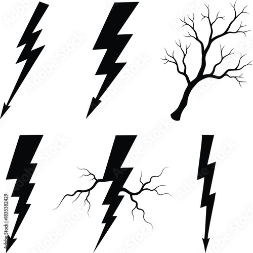 Collection of black lightning bolt icons and leafless dead tree silhouette vector. Electric thunder strikes, storm energy flash, high voltage power symbols, and spooky dry nature branches for design.