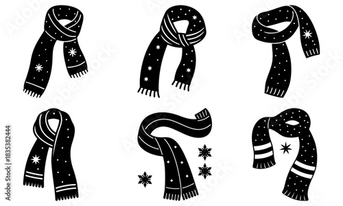 Illustration of six black and white winter scarves with stars and stripes in different styles and patterns