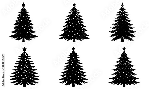 Six black christmas trees with star toppers and some with lights arranged in two rows of three
