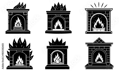 Collection of six decorative fireplaces with flames in a black and white vector illustration set