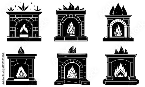 Illustration of six different black and white fireplaces with flames in a vector format design