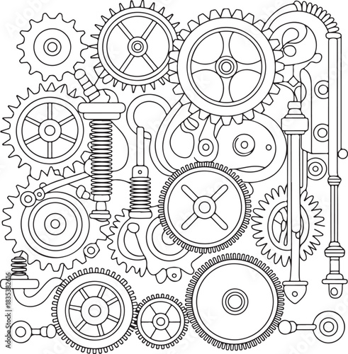 Intricate steampunk gears and cogs mechanical design illustration