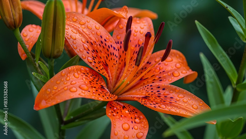 A close-up of a beautiful orange tiger lily flower blooming in the garden during summer