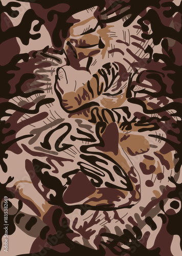 Silhouettes of orange brown cats. Abstract geometric background with wave spots. Seamless pattern for print or tattoo. Digital art. Creative ornament with animals. Wild life. Cute sleeping pet.