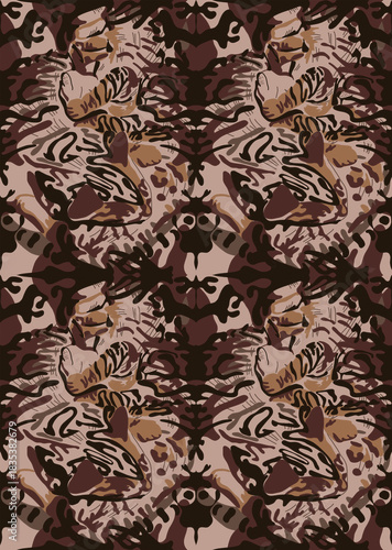 Pet silhouettes. Orange-brown cats and dog heads. Abstract geometric background with wavy spots. Seamless pattern for print or tattoo. Digital art. Creative animal ornament. Wildlife. Jungle wallpaper