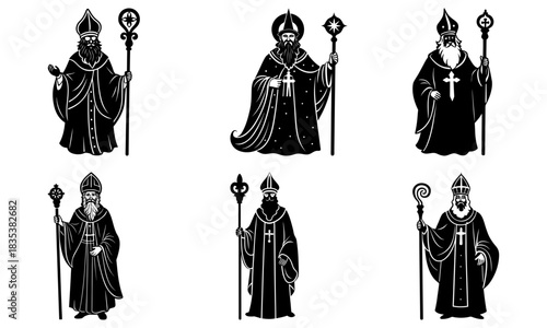 Collection of six black and white images of bishops holding staffs in ornate robes and tall hats