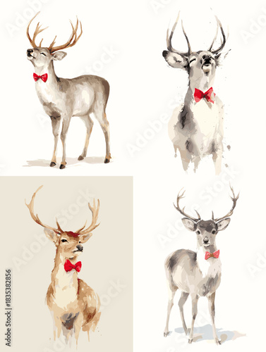 Elegant watercolor deer wearing a red bow tie, portrayed in soft natural tones with refined details. Perfect for holiday themes, winter decor, wildlife art, and festive designs.