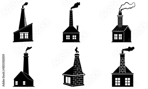 Illustration of six stylized factories with varying chimney designs and smoke emissions in black and white