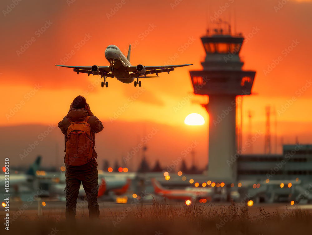 Fototapeta premium Person watches as airplane lands at airport during sunset with bright colors in the sky and control tower in the background Generative AI