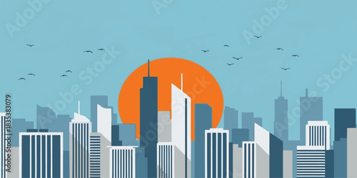 Abstract red city skyline silhouette of downtown buildings and finance towers illustration