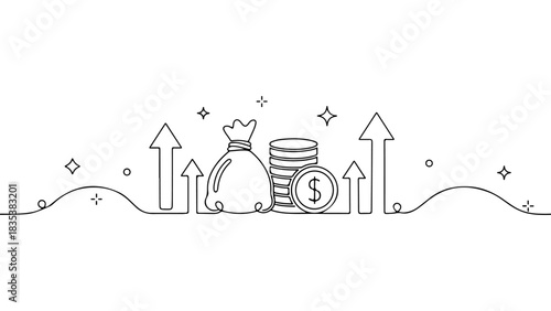 A captivating continuous line art drawing illustrating financial growth and business success concepts with money and arrows
