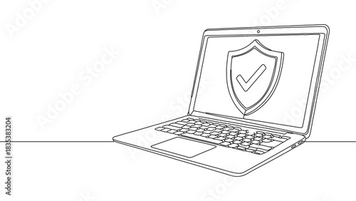 Digital cybersecurity concept continuous line art drawing of a laptop with a shield icon