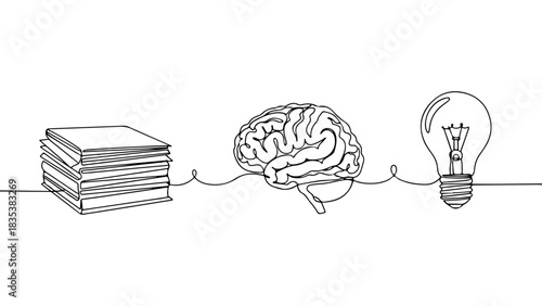 Conceptual continuous line art drawing of books, brain, and lightbulb representing learning, thought, and creativity