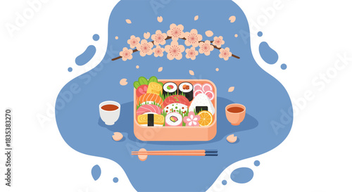 A beautifully arranged bento box filled with assorted sushi and traditional Japanese sides is showcased with cherry blossoms and tea cups, evoking a sense of culinary delight.