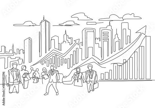 Dynamic business growth concept, a continuous line art drawing illustrating urban development and financial success