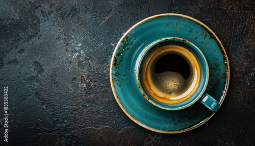Top-Down View of a Rustic Teal Ceramic Cup Filled with Fresh Espresso and Rich Crema on a Minimalist Dark Matte Background with Ample Negative Space