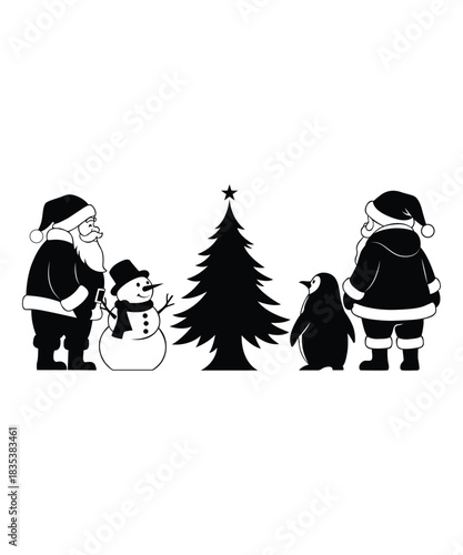 Santa and Winter Friends Around Christmas Tree Illustration Set.