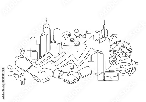 Abstract continuous line art drawing depicting global business partnership, technology, and urban growth