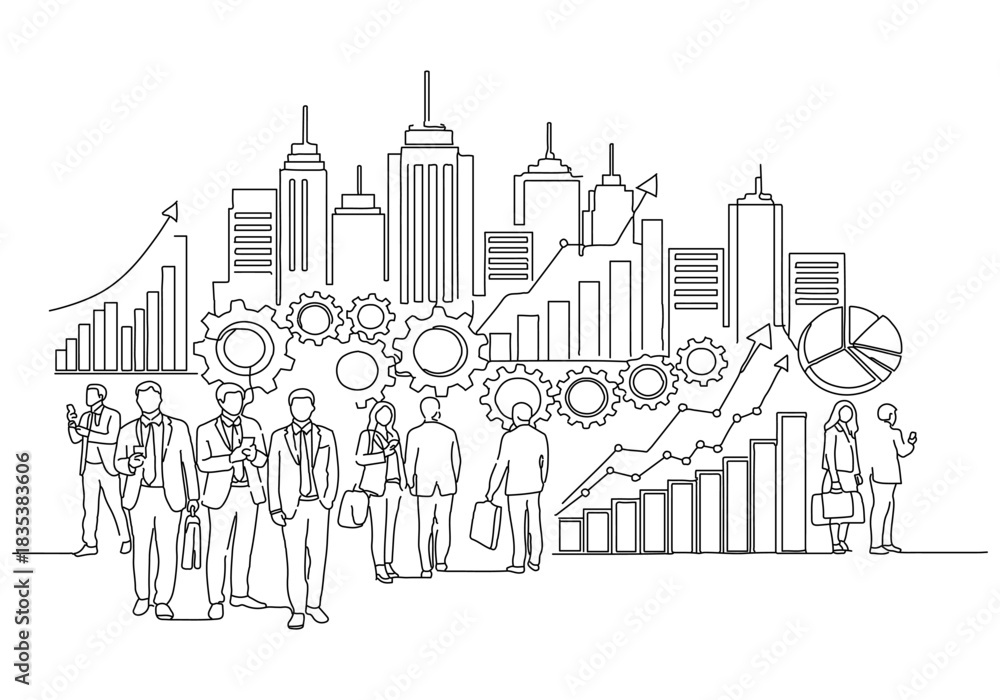 Fototapeta premium Dynamic city progress in continuous line art drawing, illustrating business growth and urban development