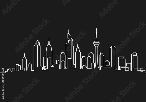 Sleek continuous line art drawing of a modern urban city skyline, minimalist architectural illustration