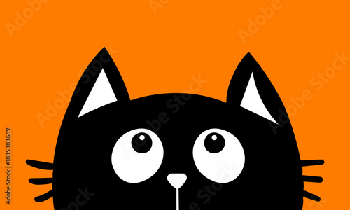 Happy Halloween. Black cat face head silhouette looking up to hanging on dash line web spider insect. Cute cartoon character. Baby pet animal collection. Flat design Orange background. Vector