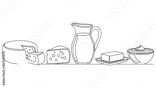 A minimalist continuous line art drawing illustrating a range of fresh dairy products