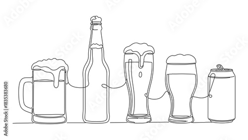 Minimalist continuous line art drawing showcasing a variety of beer containers and glasses with froth