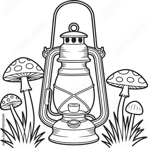 Vintage kerosene lantern surrounded by whimsical mushrooms and grass illustration