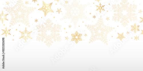 Golden Snowflake Christmas Background with Elegant Winter Frozen Ice Crystals. Intricate festive decorative design perfect for holiday cards, web, banner