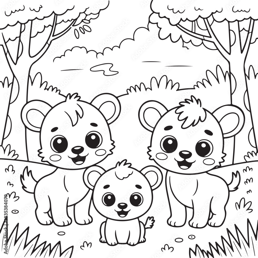Obraz premium Cute cartoon lion cubs in a forest coloring page for kids