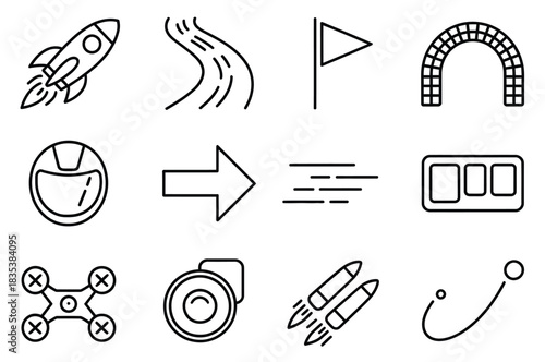 Zero-G racing icons, outline icon set featuring zero-gravity rocket bikes, magnetic tracks, floating flags, curved paths, and futuristic racing elements for digital and game design projects