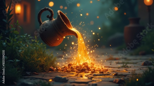 ancient clay pitcher pouring anointing oil glowing particles on to a winding mysterious path realistic dark fantasy 
