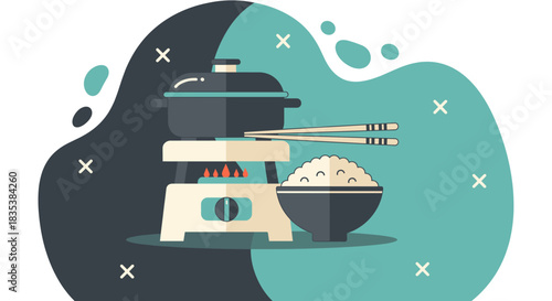 A stylized illustration of a hot pot set up with a pot on a burner next to a bowl of rice and chopsticks, set against a modern background.