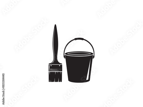 Painting tools still life consisting of bucket and paint brush in monochrome