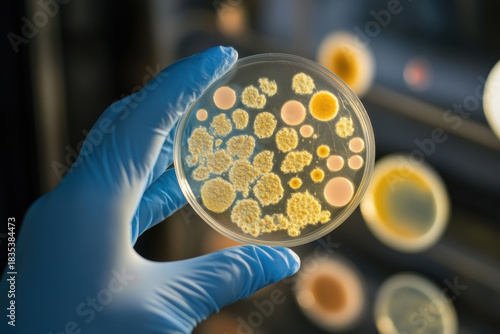 Petri dish with bacterial colonies held by a gloved hand in a lab setting. A close-up shot shows a petri dish with bacterial growth, highlighting scientific research and microbiology.