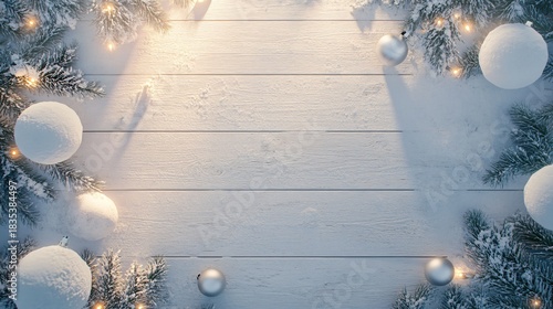 Snowy white wooden table with festive lights