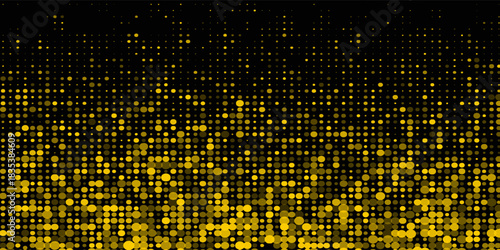 Abstract luxury banner with golden glittering dots on black background. Sparkling glitter bottom border, vector frame. Halftone effect. Magical gold dust. Pop art style backdrop.