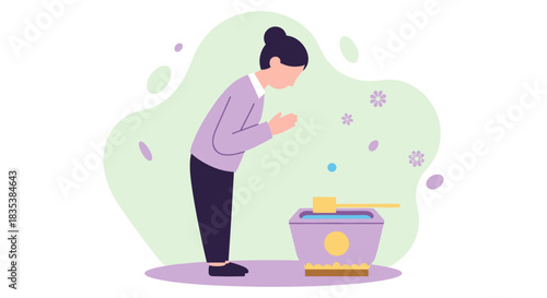 A woman is depicted in a flat vector illustration, bowing in front of a water basin, possibly at a shrine or temple, showcasing reverence and tradition.