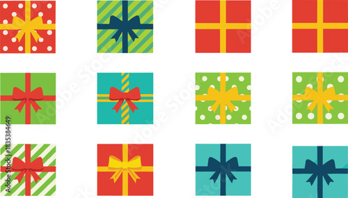 Square gift boxes, festive wrapping, colorful ribbons, holiday packaging, birthday presents, celebration decor, cheerful design, party gifts, seasonal charm, vibrant style