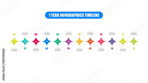 1 Year Infographics Timeline Roadmap Template with 12 Month Milestones for Business Presentation Vector
