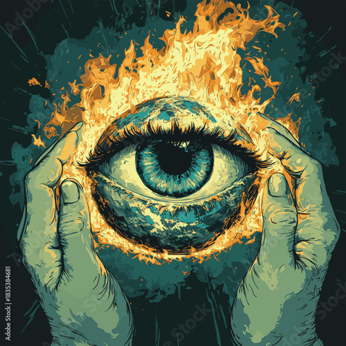 Hands forming eye shaped frame for burning planet earth , vector style simple color