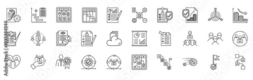 Project Management Vector Icon Set - Minimalis Outline Style Design Ilustration Symbol containing chart kanban kpi goal teamwork leadhership performance indicator document data evaluation money