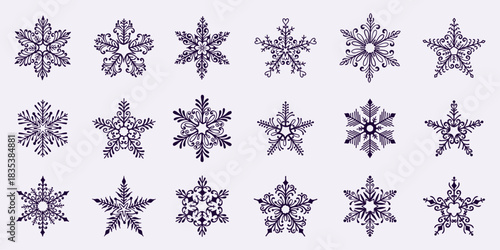 Winter Snowflake Icon Collection. Decorative snowflakes with elegant details in black color, perfect for Christmas icons, holiday cards, posters, banners and web.