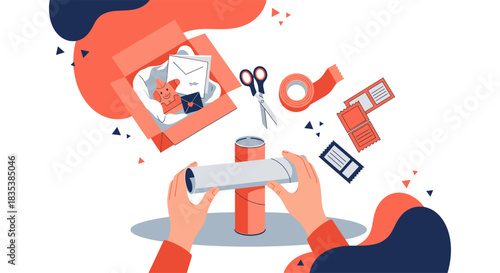 Overhead vector illustration of hands crafting a cardboard tube project with supplies like scissors, tape, and paper, set against a clean white backdrop.