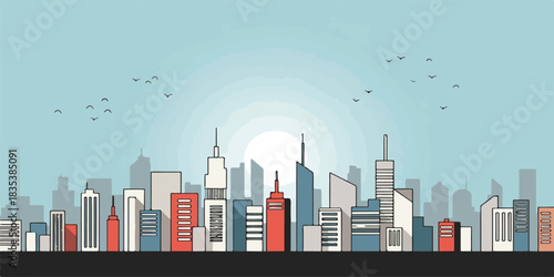Vector illustration of an abstract city skyline featuring modern skyscrapers and buildings against a night sky panorama, ideal for urban business and architecture design