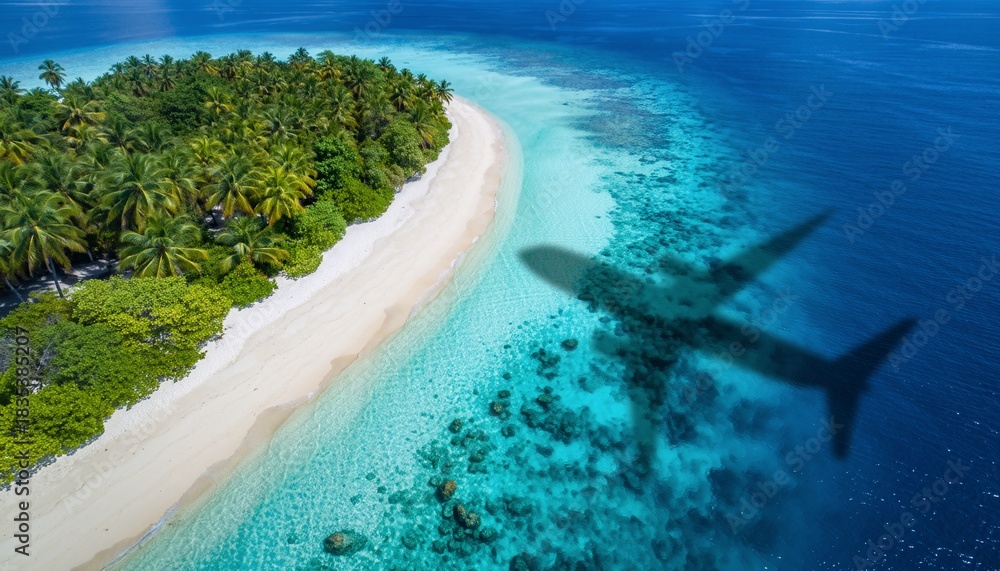 Fototapeta premium Aerial View of Tropical Island Paradise with Whale Shadow.