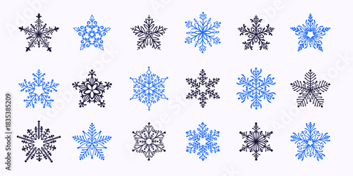 Hand-Drawn Snowflake Icon Set with Creative Line Art with Flourish Ice Crystals. Elegant winter decorative snow symbols with ornamental symmetrical silhouettes shapes, ideal for Christmas graphics