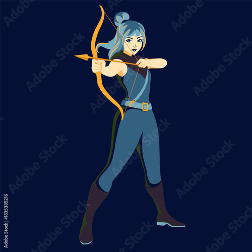 A cute girl with a golden bow and arrow. Sagittarius zodiac sign. Vector illustration.