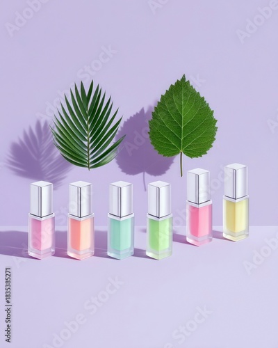 Nail Polish Bottles with Leaves on Purple Background