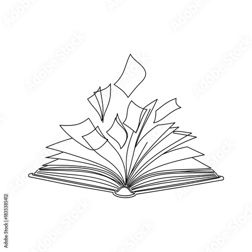 Open book with flying pages reading and education vector illustration